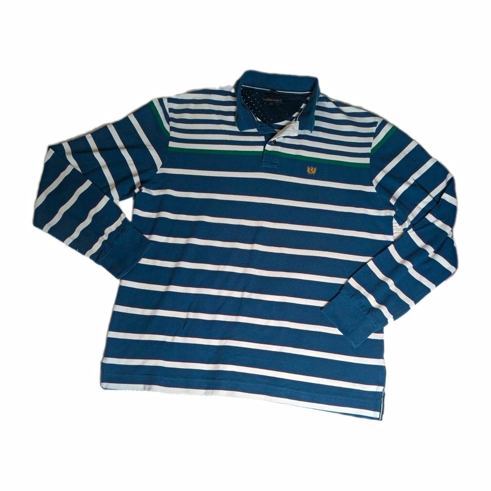 Fahrenheit Fitted Polo Men's 3XL Blue Striped Long Sleeve Rugby Shirt Preppy 90s
